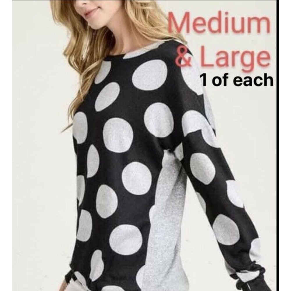 First Love Gray Black Polka Dot Button Down Back Long Sleeve Relaxed Fit Top L